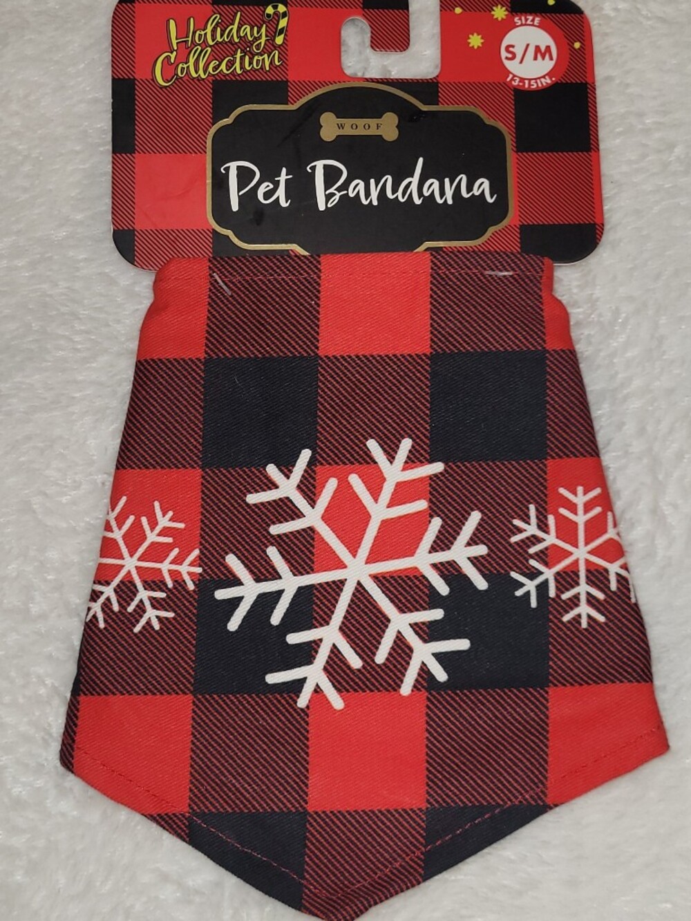 Woof Holiday Red & Black Plaid Pet Bandana with White Snowflakes - S/M
